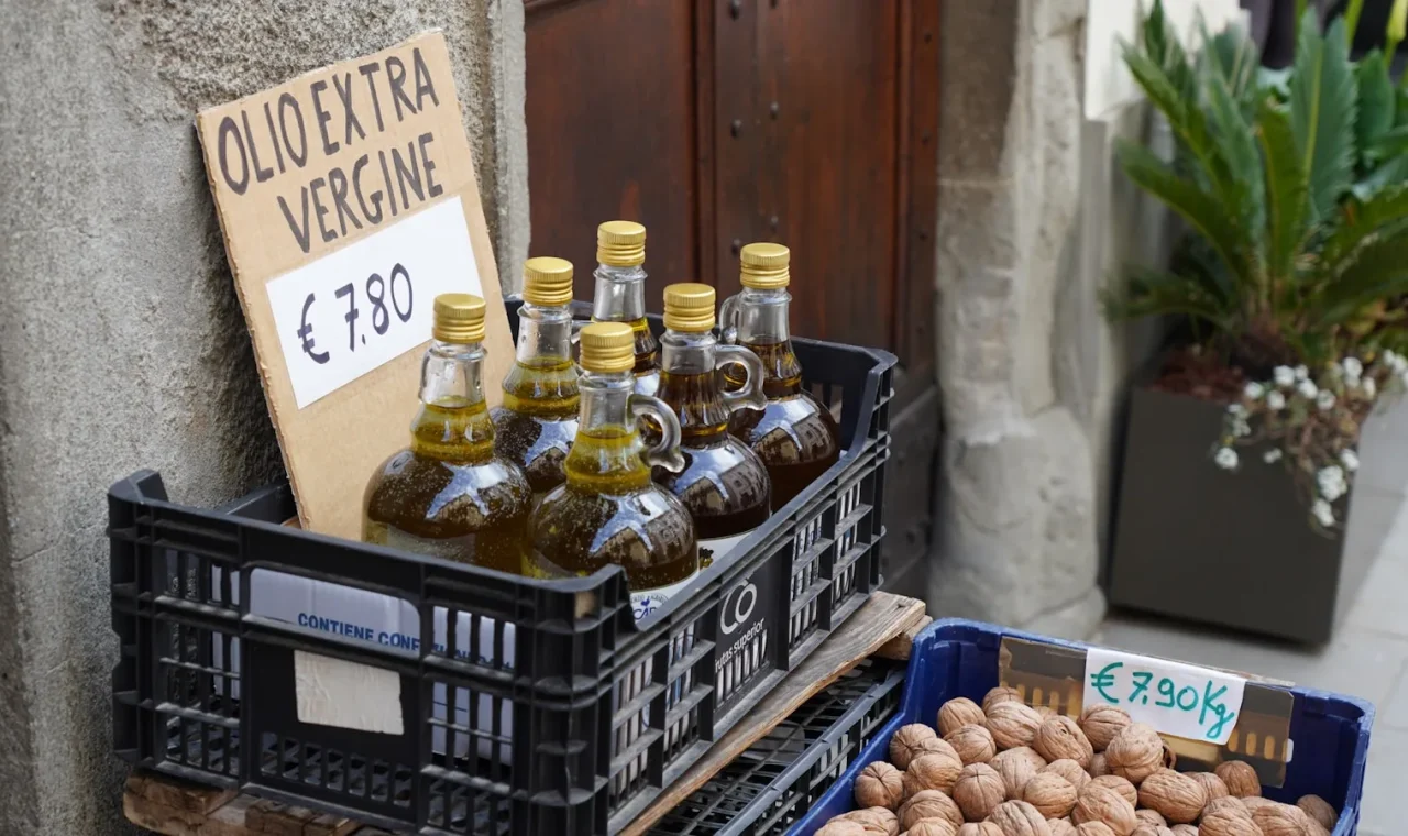 Lokalna tržnica s maslinovim uljem i domaćim proizvodima.